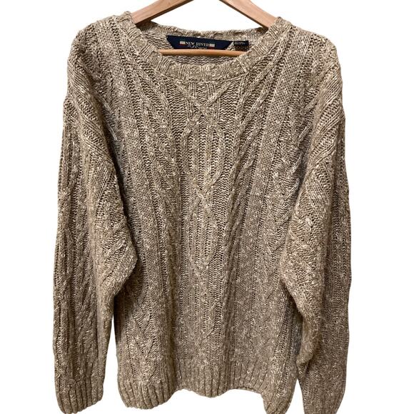 New River Vintage Y2K 90s 80s Cable Knit Tan Linen Crewneck Sweater Size Medium - Picture 1 of 5